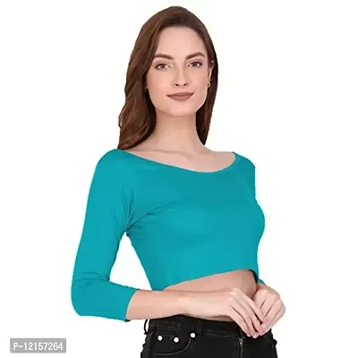 THE BLAZZE 1304 Sexy Women's Cotton Scoop Neck Full Sleeve Tank Crop Tops Bustier Bra Vest Crop Top Bralette Readymade Saree Blouse for Women's (Medium, Turquoise Blue)-thumb4