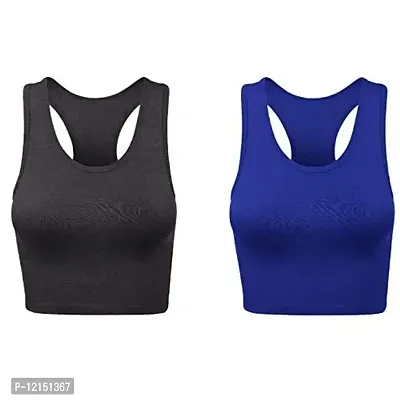 THE BLAZZE Women's Cotton Racerback Basic Crop Tank Tops (X-Large, Charcoal Melange Royal Blue)-thumb0