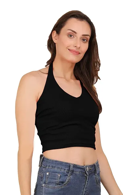 AD2CART A1592 Women's Casual Stretchy V Halter Neck Sleeveless Crop Tops for Women