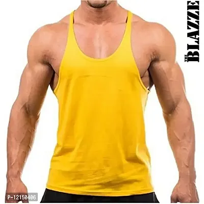 THE BLAZZE Men's Bodybuilding Gym Solid Color Tank Top Stringers (S, Yellow)-thumb0