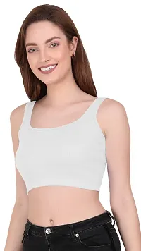 THE BLAZZE 1044 Women's Cotton Basics Sexy Solid Square Neck Slim Sleeveless Saree Readymade Saree Bra Blouse Crop Top T-Shirt for Women (Medium, White)-thumb2