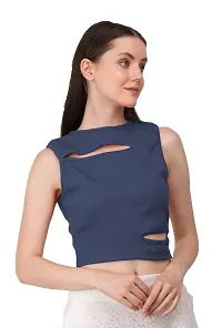 AD2CART A1677 Women's Solid Crew Neck Stretchy Cut Out Ribbed Crop Top-thumb2