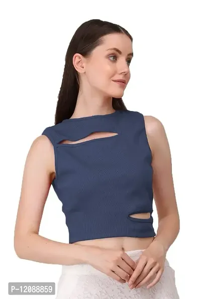 AD2CART A1677 Women's Solid Crew Neck Stretchy Cut Out Ribbed Crop Top-thumb3