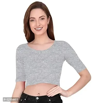 THE BLAZZE 1055 Women's Basic Sexy Solid Scoop Neck Slim Fit Short Sleeves Crop Tops (Large(34?-36""), D - Grey)-thumb0