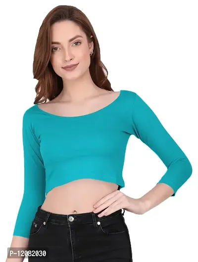 THE BLAZZE 1057 Women's Basic Sexy Solid Scoop Neck Slim Fit 3/4 Sleeve Crop Top (Medium(32""-34""), F - Turquoise Blue)-thumb1