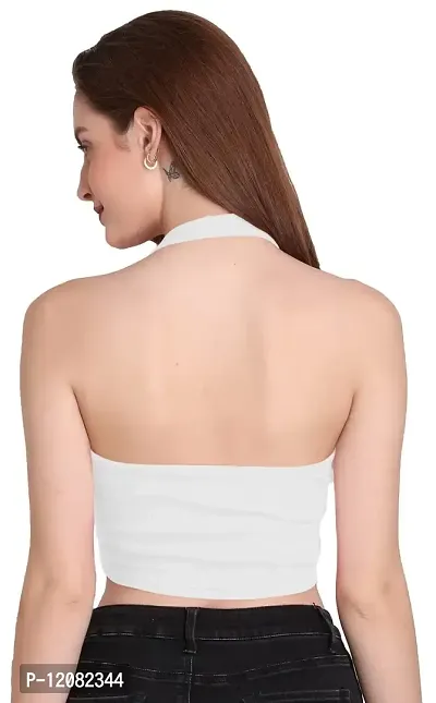 THE BLAZZE 1294 Women's Basic Sexy Solid Halter Neck Slim Fit Sleeveless Crop Top T-Shirt for Women (Large, White)-thumb3