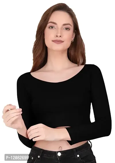 THE BLAZZE 1059 Women's Basic Sexy Solid Scoop Neck Slim Fit Full Sleeve Crop Top T-Shirt for Women (XS, A - Black)-thumb0