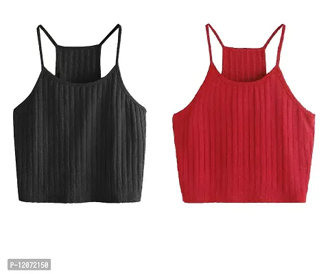 THE BLAZZE Women's Summer Basic Sexy Strappy Sleeveless Racerback Camisole Crop Top (Small, Black Red)-thumb0