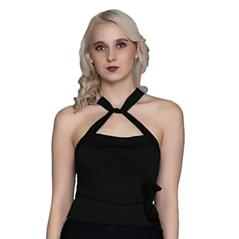 AD2CART A1728 Women's Basic Solid X Halter Neck V Back Side Tie Knot Crop Top for Women Stylish Western(S,Black)