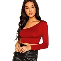 THE BLAZZE 1289 Women's Cotton Basic Sexy Solid Round Neck Slim Fit Full Sleeve Saree Readymade Saree Blouse Crop Top T-Shirts for Women (X-Large, Red)-thumb1