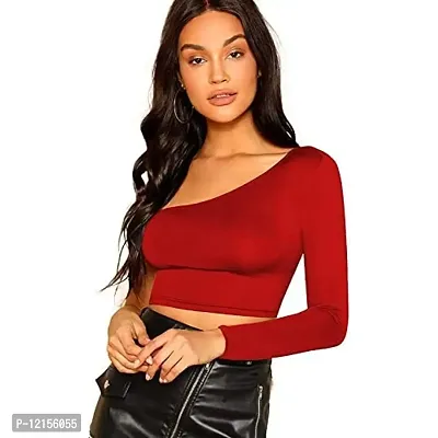 THE BLAZZE 1289 Women's Cotton Basic Sexy Solid Round Neck Slim Fit Full Sleeve Saree Readymade Saree Blouse Crop Top T-Shirts for Women (X-Large, Red)-thumb2