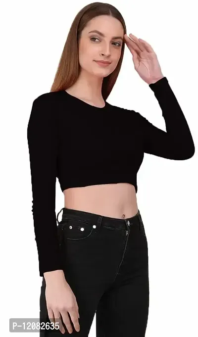 THE BLAZZE 1089 Women's Basic Sexy Solid Round Neck Slim Fit Full Sleeve Crop Top T-Shirt for Women's-thumb4