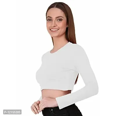 THE BLAZZE 1089 Women's Basic Sexy Solid Round Neck Slim Fit Full Sleeve Crop Top T-Shirt for Women (Small, White)-thumb0