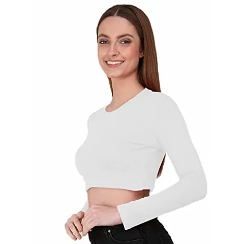 THE BLAZZE 1089 Women's Basic Sexy Solid Round Neck Slim Fit Full Sleeve Crop Top T-Shirt for Women