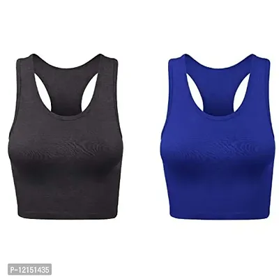 THE BLAZZE Women's Cotton Racerback Basic Crop Tank Tops (XX-Large, Charcoal Melange Royal Blue)-thumb0