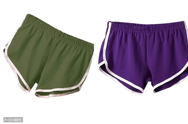 THE BLAZZE Women Sports Shorts Gym Workout Yoga Short Pack of 2 (L, Green+Purple)