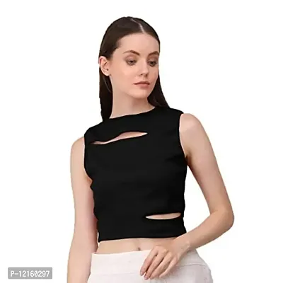 AD2CART A1677 Women's Solid Crew Neck Stretchy Cut Out Ribbed Crop Top(XL, Color_01)