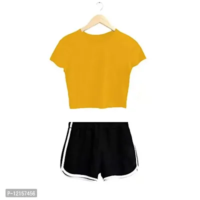 THE BLAZZE 1261 Women's Cotton Crop Top Shorts Set (XL, Yellow)