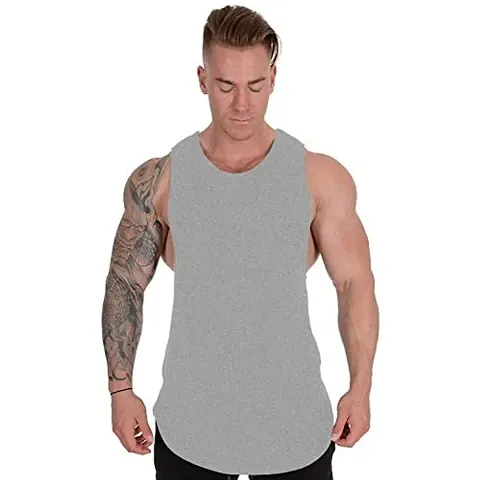 THE BLAZZE 0023 Men's Tank Tops Muscle Gym Bodybuilding Vest Fitness Workout Train Stringers (Large(38”-40"), AB - Grey)