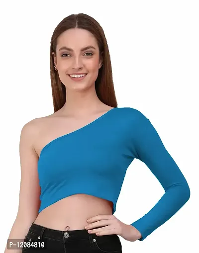 THE BLAZZE 1289 Women's Cotton One Shoulder Full Sleeve Crop Tops (Medium, Turquoise Blue)-thumb3