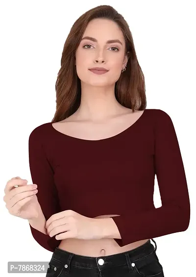 THE BLAZZE 1059 Women's Basic Sexy Solid Scoop Neck Slim Fit Full Sleeve Crop Top T-Shirt For Women