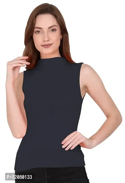 THE BLAZZE 1033 Women's Plain Black Sleeveless High Neck/Turtle Neck Top Stretch Slim Cotton T-Shirt for Women Sleeveless Top for Women-thumb0