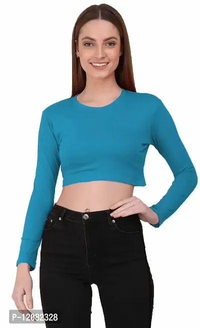 THE BLAZZE 1089 Women's Basic Sexy Solid Round Neck Slim Fit Full Sleeve Crop Top T-Shirt for Women-thumb3