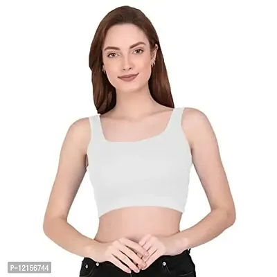 THE BLAZZE 1044 Women's Cotton Basics Sexy Solid Square Neck Slim Sleeveless Saree Readymade Saree Bra Blouse Crop Top T-Shirt for Women (Small, White)-thumb0