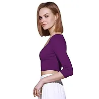 THE BLAZZE 1057 Womens Basic Sexy Solid Scoop Neck Slim Fit 3/4 Sleeve Crop Top (Large(34?-36""), L - Violet)-thumb2