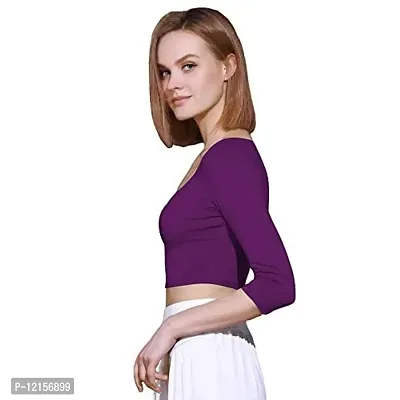 THE BLAZZE 1057 Womens Basic Sexy Solid Scoop Neck Slim Fit 3/4 Sleeve Crop Top (Large(34?-36""), L - Violet)-thumb3