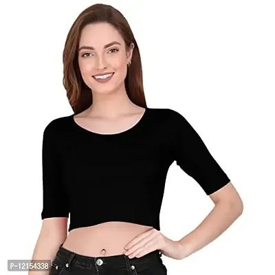 THE BLAZZE 1055 Women's Basic Sexy Solid Scoop Neck Slim Fit Short Sleeves Crop Tops (Small(30"-32"), A - Black)-thumb0