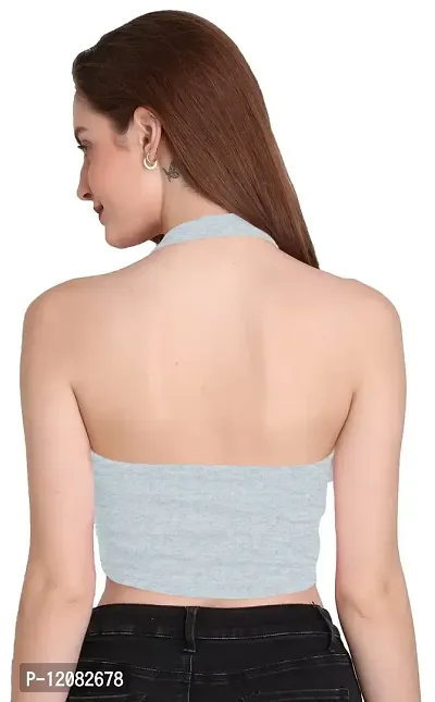 THE BLAZZE 1294 Women's Basic Sexy Solid Halter Neck Slim Fit Sleeveless Crop Top T-Shirt for Women (XX-Large, Light Blue)-thumb3