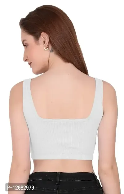 THE BLAZZE 1044 Women's Cotton Basics Sexy Solid Square Neck Slim Sleeveless Saree Readymade Saree Bra Blouse Crop Top T-Shirt for Women (Medium, White)-thumb2