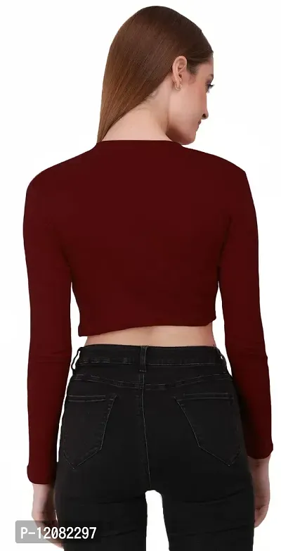 THE BLAZZE 1089 Women's Basic Sexy Solid Round Neck Slim Fit Full Sleeve Crop Top T-Shirt for Women's-thumb5