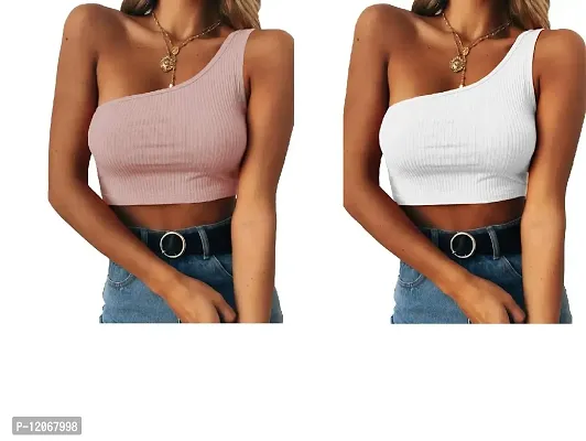 THE BLAZZE Women's Sleeveless Crop Tops Sexy Strappy Tees (L, Pink+White)