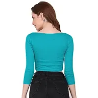 THE BLAZZE 1057 Women's Basic Sexy Solid Scoop Neck Slim Fit 3/4 Sleeve Crop Top (Large(34?-36), F - Turquoise Blue)-thumb2