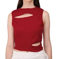 AD2CART A1677 Women's Solid Crew Neck Stretchy Cut Out Ribbed Crop Top-thumb4