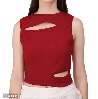 AD2CART A1677 Women's Solid Crew Neck Stretchy Cut Out Ribbed Crop Top-thumb5