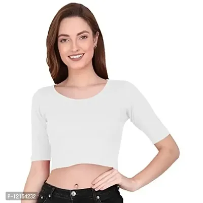 THE BLAZZE 1055 Women's Basic Sexy Solid Scoop Neck Slim Fit Short Sleeves Crop Tops (Large(34?-36""), B - White)