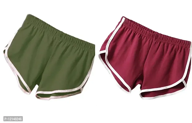 THE BLAZZE Women Sports Shorts Gym Workout Yoga Short Pack of 2 (S, Green+Maroon)