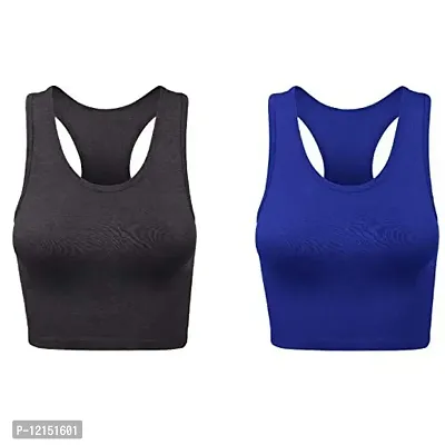 THE BLAZZE Women's Cotton Racerback Basic Crop Tank Tops (XX-Large, Charcoal Melange Royal Blue)