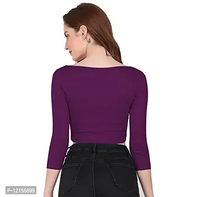 THE BLAZZE 1057 Womens Basic Sexy Solid Scoop Neck Slim Fit 3/4 Sleeve Crop Top (Large(34?-36""), L - Violet)-thumb2