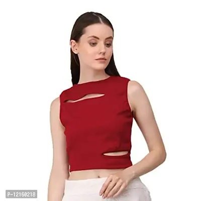 AD2CART A1677 Women's Solid Crew Neck Stretchy Cut Out Ribbed Crop Top(XL, Color_02)