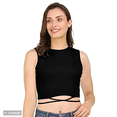 AD2CART A1622 Women's Basic Solid Stylish Criss Cross Ribbed Crop Top (Medium, Black)