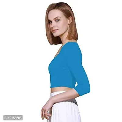 THE BLAZZE 1057 Women's Basic Sexy Solid Scoop Neck Slim Fit 3/4 Sleeve Crop Top (Large(34?-36), F - Turquoise Blue)-thumb4