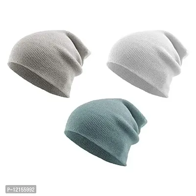 THE BLAZZE 2015 Winter Beanie Cap for Men and Women Combo Pack of 3 (Free Size, Grey,White,Blue)