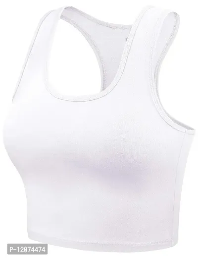 THE BLAZZE Women's Cotton Racerback Basic Crop Tank Tops (Small, White White)-thumb3