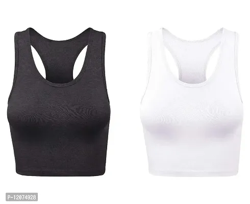 THE BLAZZE Women's Cotton Racerback Basic Crop Tank Tops (Small, Charcoal Melange White)-thumb0