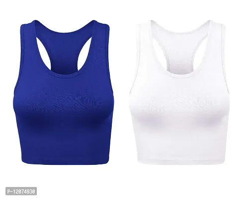 THE BLAZZE Women's Cotton Racerback Basic Crop Tank Tops (Small, Royal Blue White)