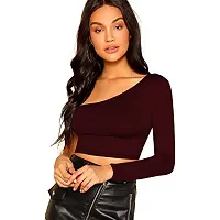 THE BLAZZE 1289 Women's Cotton One Shoulder Full Sleeve Crop Tops (Large, Maroon)-thumb1